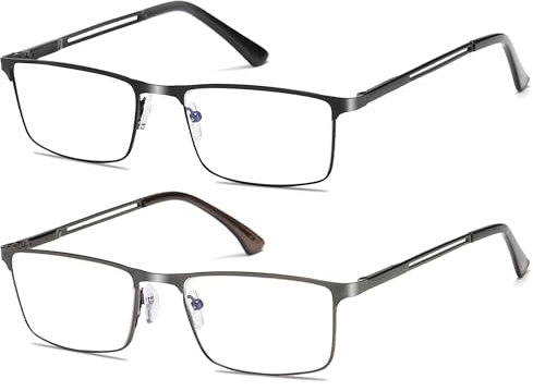 Fsread 2 Pack Blue Light Blocking Reading Glasses For Men with Spring Hinges Rectangular Reader Full Frame Ultralight Metal Frame +2.25