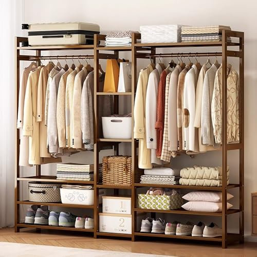 angrounps Stand Appendiabiti Legno, Multifunzionale Appendiabiti da Terra in bambù, Armadio Aperto con Ripiano e Barra, per Ingresso e Camera da Letto,Facile da Assemblare, 170x30x150cm