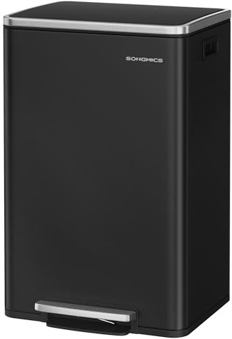 SONGMICS Poubelle de Cuisine 50 L, avec 15 Sacs Poubelle, en Acier, Seau Intérieur Amovible en Plastique, avec Couvercle, Poignées, Fermeture en Douceur, Noir d'Encre LTB595B02