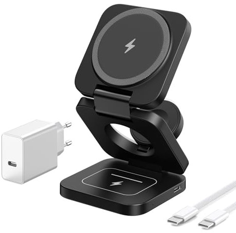 KU XIU 3-en-1 Chargeur sans Fil pour Apple, Pliable Rapide Chargeur avec Mag-Safe, Voyage Station de Charge pour iPhone 16/15/14/13/12, AirPods et Apple Watch (Adaptateur Inclus)