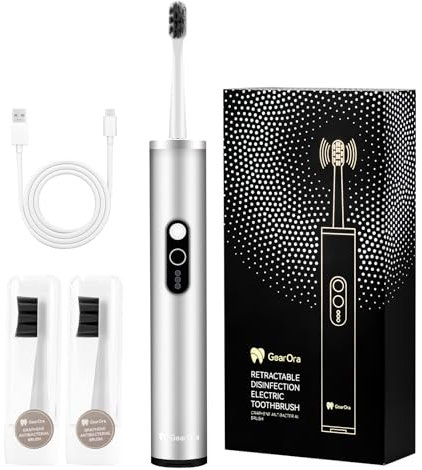 Spazzolino Elettrico Sonico con sterilizzazione UV, 3 Testine Professionali Antibatteriche in Grafene, Spazzolino da Viaggio per Adulti, Ricaricabile, Design Retrattile Portatile, IPX7, Argento