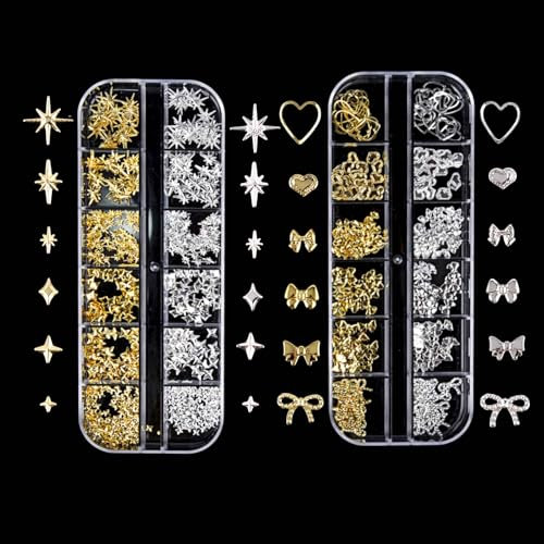 Strasssteine Nägel, Strasssteine für Nail Gems, 2 Boxen Metall-Nagelkunst-Dekorationen, Gold Silber Schleifen Nail Charms, Legierungs-Nagel-Edelsteine mit Glitzersteinen, Kreatives Nageldesign Zubehör