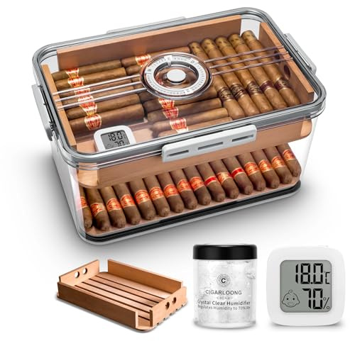 CLZOONG Cigar Humidor Jar/Case/Box Large Clear with Hygrometer,Humidifier&Cedar Wood Shelf (Two-Layer Space), Cigar Acrylic Humidor Portable Airtight Can Hold About 80-100 Cigars (L)