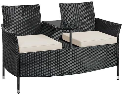 Yaheetech 2-Sitzer Polyrattan Gartenbank mit Tisch, Stabile Rattan Sitzbank 350 kg Belastbarkeit, 131×65,5×85 cm Wetterfest Balkonbank Gartenmöbel für Garten Balkon Terrasse, Schwarz-Beige