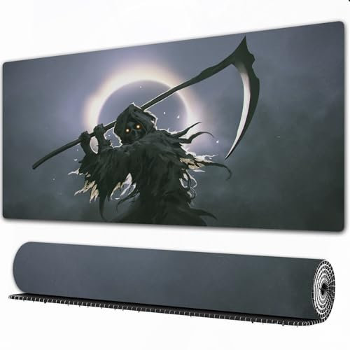FEHWI 90×40 cm Verlängertes großes Mauspad Schreibtischauflage,Der Tod, auch bekannt als Sensenmann, der die Sense gegen die Sonnenfinster,genähte Kanten Gaming mauspads,rutschfeste Gummibasis