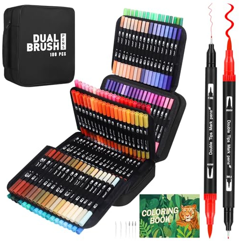 TrendGate Dual Brush Pen Set, 180 Farben Fineliner und Pinselstifte Set | Doppel Filzstifte Dicke und Dünne, mit Malbücher, schnelltrocknend, Ersatz-spitze, für Handlettering, Bullet Journal, Mandala