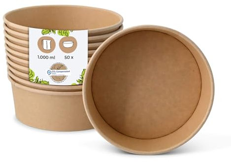 BIOZOYG Salatschale 50 Stück 1000 ml braun - Bowl Schüssel Suppenschalen Einwegschalen to go - Einweggeschirr Deli Container Bowl to go - Kartonschale Einweg Mealprep Suppenbehälter