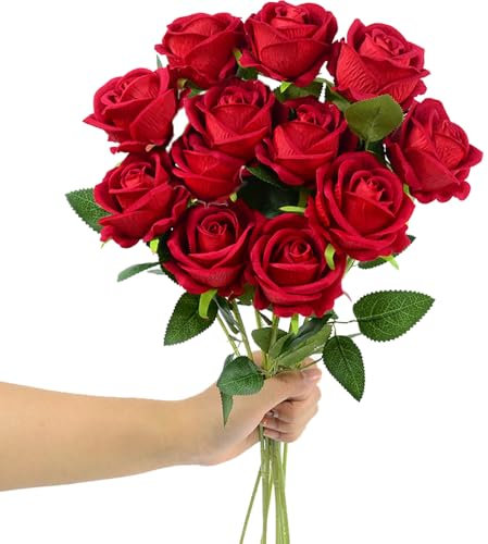 Aiinoo Artificial Roses 12PCS Velvet Rose Real Touch Long Stem Fake Flowers Bulk for Flower Arrangement Wedding Home Party Decor (Red)