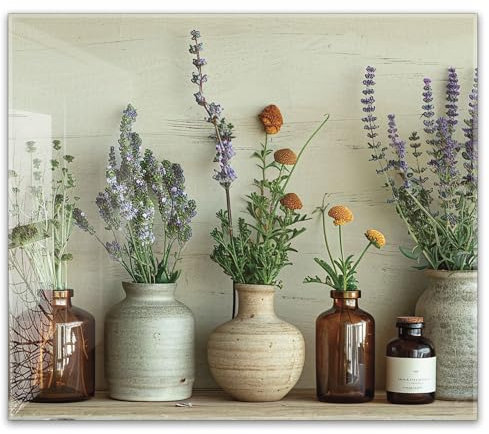 Herdabdeckplatte 60x52 cm einteilig – Trockenblumen, Vintage Vasen, Kräuter, Boho Deko, Lavende | ESG Glas Ceranfeldabdeckung, Schneidebrett, Abdeckplatte, Herd, Induktion, Küche