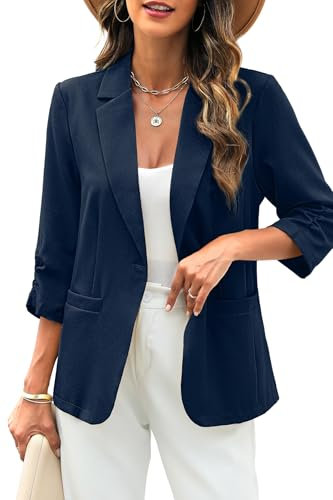 ELLEVEN Women's Linen Blazer 3/4 Ruched Sleeves, Lightweight Slim Fit Jackets with Pockets Half Lining, Denim Blue, XXL