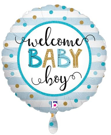 NEU Folienballon Welcome Baby Boy Stripes, blau, 35cm