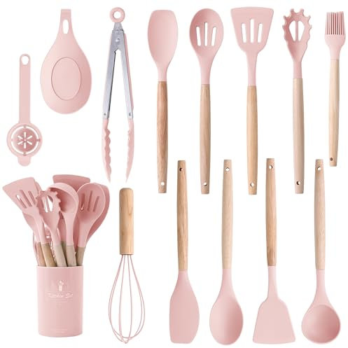 14-Piece Silicone Cooking Utensils Set - Heat Resistant up to 446°F, Turner, Tongs, Spatula, Spoon, Brush, Whisk, Wooden Handles Kitchen Gadgets and Tools for Nonstick Cookware (Pink)