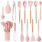 14-Piece Silicone Cooking Utensils Set - Heat Resistant up to 446°F, Turner, Tongs, Spatula, Spoon, Brush, Whisk, Wooden Handles Kitchen Gadgets and Tools for Nonstick Cookware (Pink)