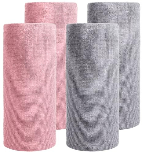 CHUIFAI 4 Rolle Mikrofaser Reinigungstuch 25x25cm, 20 Stück pro Rolle, Rosa und Grau Abreißbare Putztücher, Mikrofasertücher Rollen, Wiederverwendbare Putzlappen für Küche Auto