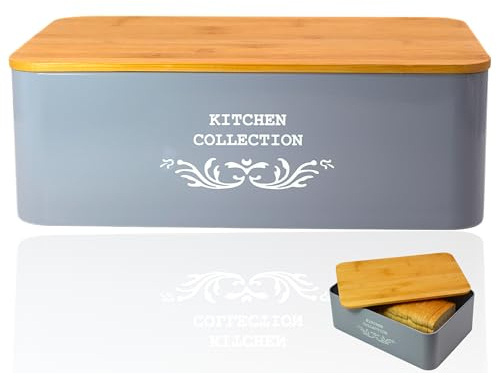 CASA HEAVEN Portapane in Metallo con Coperchio in Bambù – Design Vintage – Contenitore Pane da Cucina 35x23x12,5 cm – Scatola Pane Elegante e Salvaspazio