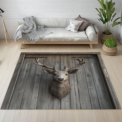 Sshjfeu Rural Farm Ländliche Teppich 80x120, Hirsch Bauernhaus-Stil Kleiner | Fussmatte Schmutzfangmatte Teppiche, Waschbar Kurzflor rutschfest, Aussen Innen Outdoor, Planke Brett