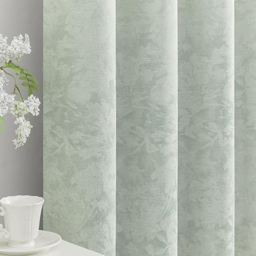Beauoop Green Floral Jacquard Blackout Curtains for Bedroom 52x90 2 Panels | Flower Room Darkening Drapes for Living Room Eyelet curtains 90 drop Thermal Insulated Soundproof Window Treatments