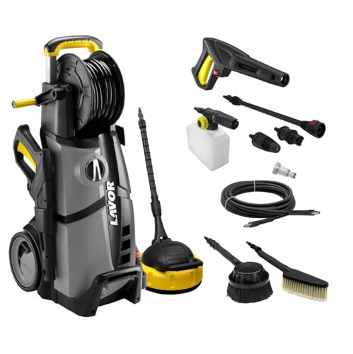 LAVOR Hochdruckreiniger LVR4 Plus 180 BAR 2500W Set: Patio Cleaner, Schaumgerät, Turbo Düse, Schlauchtrommel 8m, Pumpe Aluminium, Ass, Tankwasser, Mobiler Reiniger für Terrasse, Fassade & Auto