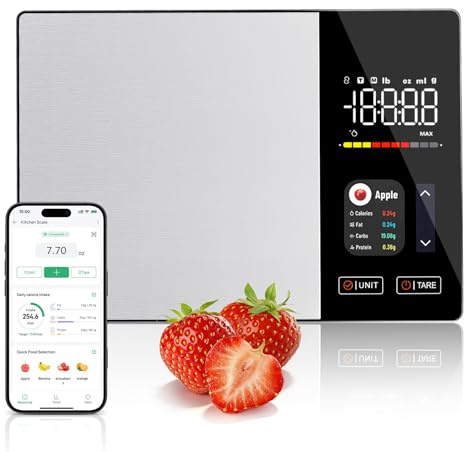 Eirolace Küchenwaage Digital mit Kalorienzähler & Nährwertberechnung, TFT Farbdisplay, Tara, 5kg Kapazität, Edelstahl, Intelligente Bluetooth Lebensmittelwaage für Diät, Fitness, Kochen und Backen