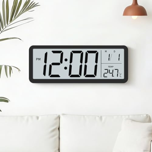 Venchin Large Digital Wall Clock: Black Wall Clocks Battery Operated, Temperature, 12/24HR, Backlight, 11 LCD Screen for Living Room, Bedroom, Office, 25CM Modern Table Clock