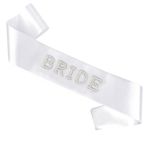 DIELOVEHUA Schärpe Braut, Frauen Bride Schärpen, Braut Schärpe Weiß mit Perlen und Strass, Junggesellenabschied Schärpen, Accessoires Frauen für Hochzeit, Bachelorette, Brautparty