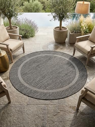 KADIMA DESIGN Flachgewebeteppich Outdoor Unifarben Elegant Wetterfest UV-Beständig Waschbar Strapazierfähig Langlebig Rund Schwarz 200x200 cm Terrasse Küche Saugroboter geeignet | ALSTER