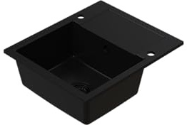 HOMEVELLO Spülbecken DIGNUM Einbecken Granitspüle 59x50x21cm Schwarz, Hochwertige Küchenspüle mit Siphon, Abtropffläche, Pflegeleicht, Kratzfest, Moderne Design, Perfekt für jede Küche