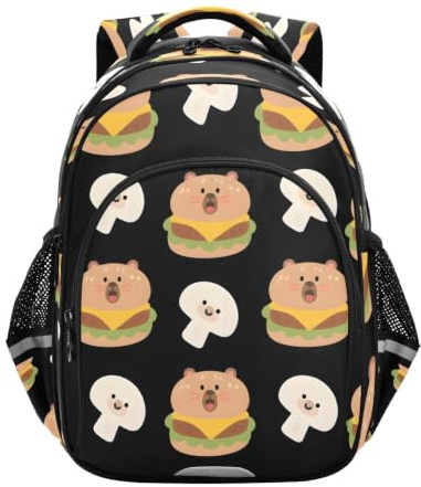 Mnsruu Capybara Rucksack mit Burger-Muster, für Mädchen, Kindergarten, Büchertasche, leicht, Größe S, Capybara-Burger-Muster, S, Rucksack Backpacks