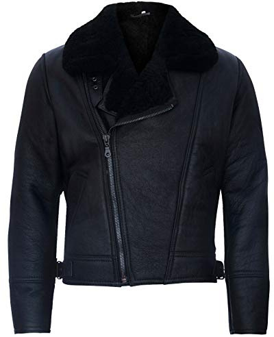 Men’s Aviator Cross Zip Shearling Sheepskin Black Leather Jacket