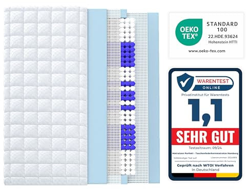 Matratzen Perfekt 9-Zonen Taschenfederkern Hamburg Deluxe 90 x 200 cm Härtegrad H2 Höhe 23 cm hoher Punktelastizität waschbarer Bezug (60°C)