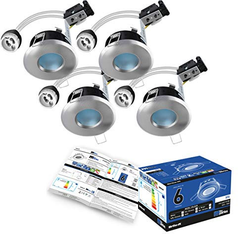 4X GU10 Bathroom IP65 Fixed Downlight Satin Chrome Brite-R LED Spotlight Recessed Ceiling Fitting Die-Cast Aluminium IP65 Rated Halogen Compatible CE Approved Easy Install 2 Year Warranty No Bulb