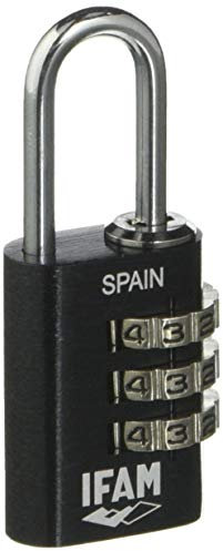 IFAM Candado de Combinación Col Combi, 20mm, Color Negro, Máxima Seguridad, Ideal para Mochilas y Maletas, Con Clave y Más de 1.000 Combinaciones, Aluminio, Gran Ligereza, Arco 3mm