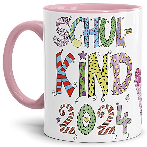 Tassendruck Geschenk Tasse zur Einschulung für Kinder mit Spruch - SCHULKIND 2024 - Geschenkidee zum Schulanfang/Erinnerung Schulbeginn/Erstklässler 2024 Mädchen - Innen & Henkel Rosa
