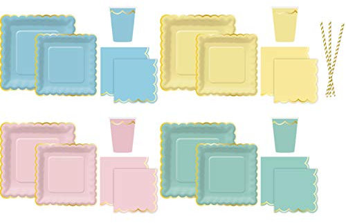 Serves 32 | Scalloped Pastel Party Set | 32-10 Inch Plates | 32-7 Inch Plates | 32 Lunch Napkins | 32 Beverage Napkins | 32 Cups - 12 Ounce cups