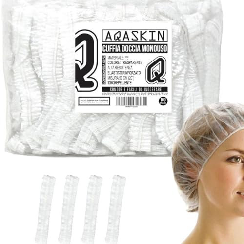 AQASKIN | 100 Cuffie Doccia Monouso - IMBUSTATE SINGOLATMENTE - Ø50CM - cuffie monouso in PE, Cuffiette da Doccia - ideali per doccia di Hotel, Spa, Parrucchiere (Ø50CM - 100 pz)