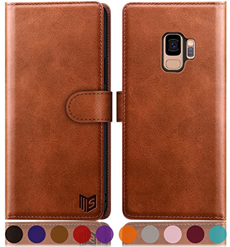SUANPOT [RFID Schutz für Samsung Galaxy S9 Hülle PU Leder Handyhülle Lederhülle Klapphülle Kartenfach Flip Cover für Samsung S9 Handy hülle Leather Wallet Phone Case Hellbraun