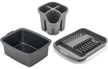 Addis Washing up Set of 3 Extra Large Utility Washing up bowl, Plate draining rack and Cutlery drainer, Metallic