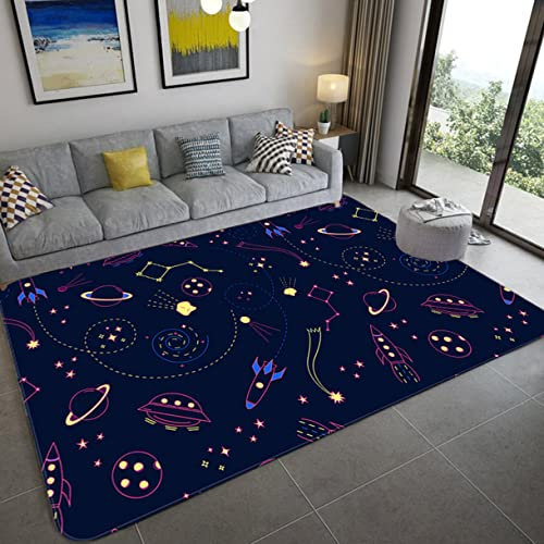 Teppich Cartoon Space Universe Planet Kinder Spielmatte Jungen Mädchen Zimmer matte Schlafzimmer Nachttisch Bodenteppich Rakete Raumschiff Astronaut Play Crawl Großer Teppich (Farbe 5,160x200 cm)