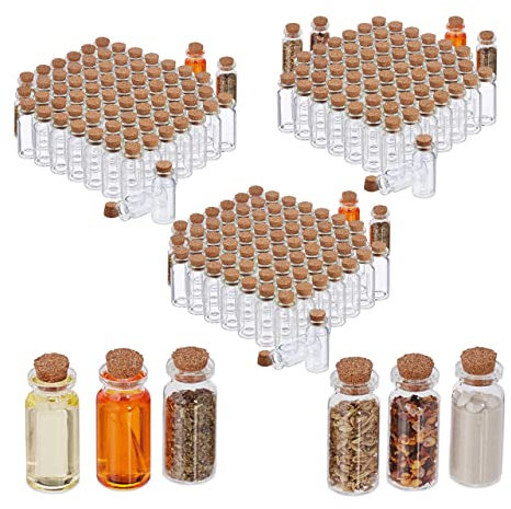 Relaxdays Mini-Bouteilles avec Bouchon de liège, Lot de 216, Petite Bouteille en Verre, 10 ML, Flacon déco, Transparent