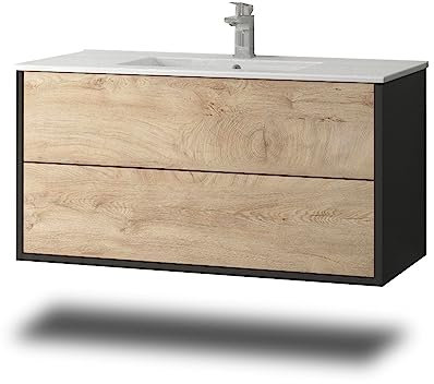 Stil.Zeit Evelia Badmöbel inkl. Waschbecken | Waschtisch mit Unterschrank 100.5 cm | Anthrazit/Dekor Eiche Natur| Push-to-Open/hängend