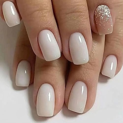 AKOFIC 24 Pièces Faux Ongles Court Carré, Ballerine Faux Ongles à Coller French Manucure, Glazed Brillant Press on Nails avec Gel Pad Ongles, Blanc Faux Ongles Reutilisable Sans Colle pour Femmes