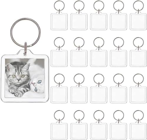 Basicon Schlüsselanhänger für Foto, 20pcs Acryl Foto Schlüsselanhänger Transparent Bild Fotoschlüsselanhanger Leere Foto Schlüsselring zum Basteln Geschenk für Familie Freunde Foto, Quadrat