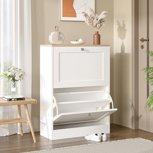 Warmiehomy Shoe Cabinet Slim Shoe Storage Cabinet Flip Down Shoe Storage, 2 Drawer Shoe Storage Organiser Shoe Cupboards for Hallways, Living Room, Bedroom, 58cm x 23.5cm x 80cm, White