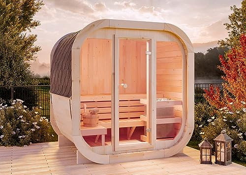 FinnTherm Fasssauna ScandiCube Mini XS, Moderne Outdoor Sauna inkl. Dacheindeckung und Fußboden, Ø 214 x 160 cm, 5 m³ Volumen, Gartensauna mit 42 mm Wandstärke, Außensauna aus nordischer Fichte