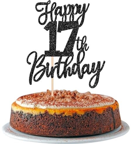 SYKYCTCY 1 Pack Happy 17th Birthday Cake Topper Black Glitter Cheers to 17 Years Birthday Cake Pick 17 Fabulous Cake Decoration for Happy Birthday Theme Anniversary Party Supplies