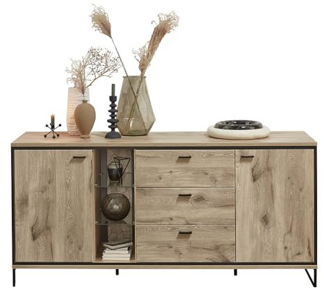 Lomadox Sideboard Anrichte 180cm breit, Eiche mit Hirnholzmosaik, 2 Türen, 3 Schubladen, 3 offene Fächer