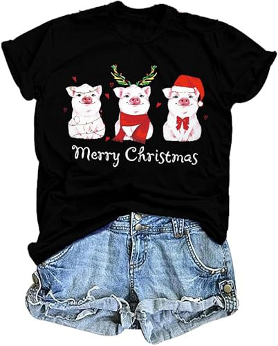 tiorhooe Weihnachten Schwein T-Shirts für Damen Cute Weihnachts Shirt Frauen Graphic Print Tees