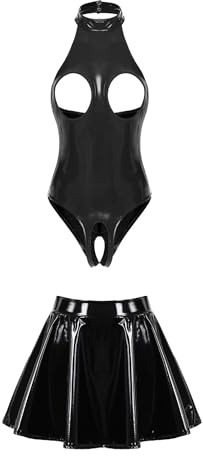 FEESHOW Damen Wetlook Catsuit Ouvert Brustfreier Body Lackleder Rock Set Reizwäsche Offener Schritt Brüste Erotische Wäsche