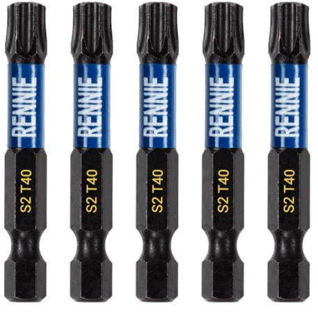 5 x Rennie Tools 50mm Long T40 TX40 Impact Screwdriver Driver Bits Set. Heavy Duty Magnetic Torx Screwdriver Bit Set. Black Oxide Coated Torx Impact Driver Bits. Torx Bit Set
