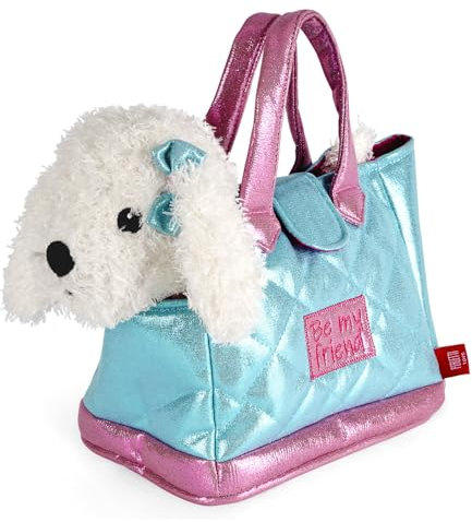 PERLETTI Kuscheltier Handtasche für Kleine Mädchen 3 4 5 6 Jahre - Weiche Kindertasche mit Abnehmbarem Plüsch für Kindergarten - Welpe Kätzchen Pudel Plüschtier (Pudel mit Blauer Schleife)